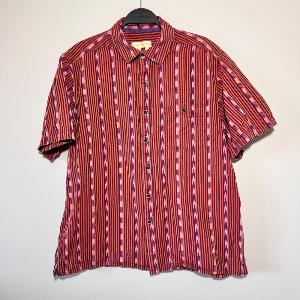 Territory Ahead‎ Cotton Button Up Shirt Ikat Stripe Casual Mens Large
